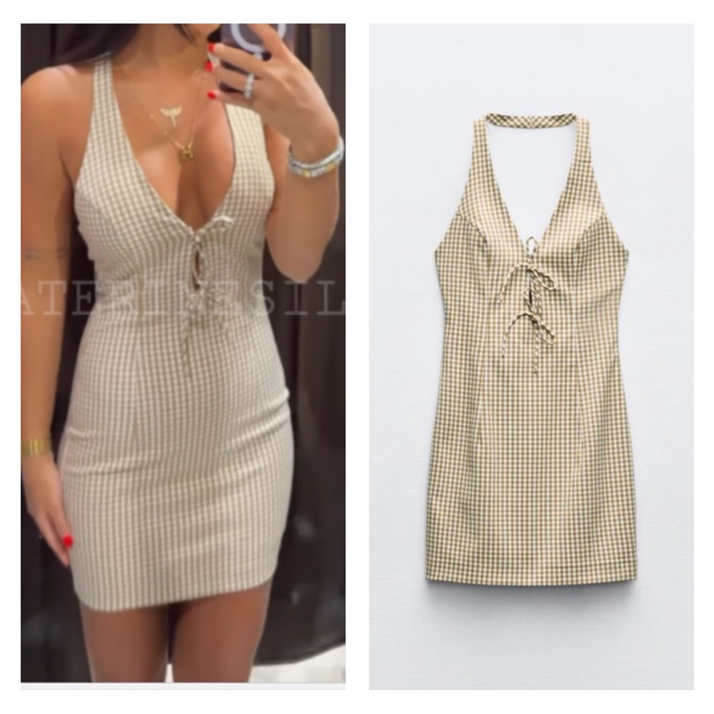 NWT Zara brown gingham halter dress